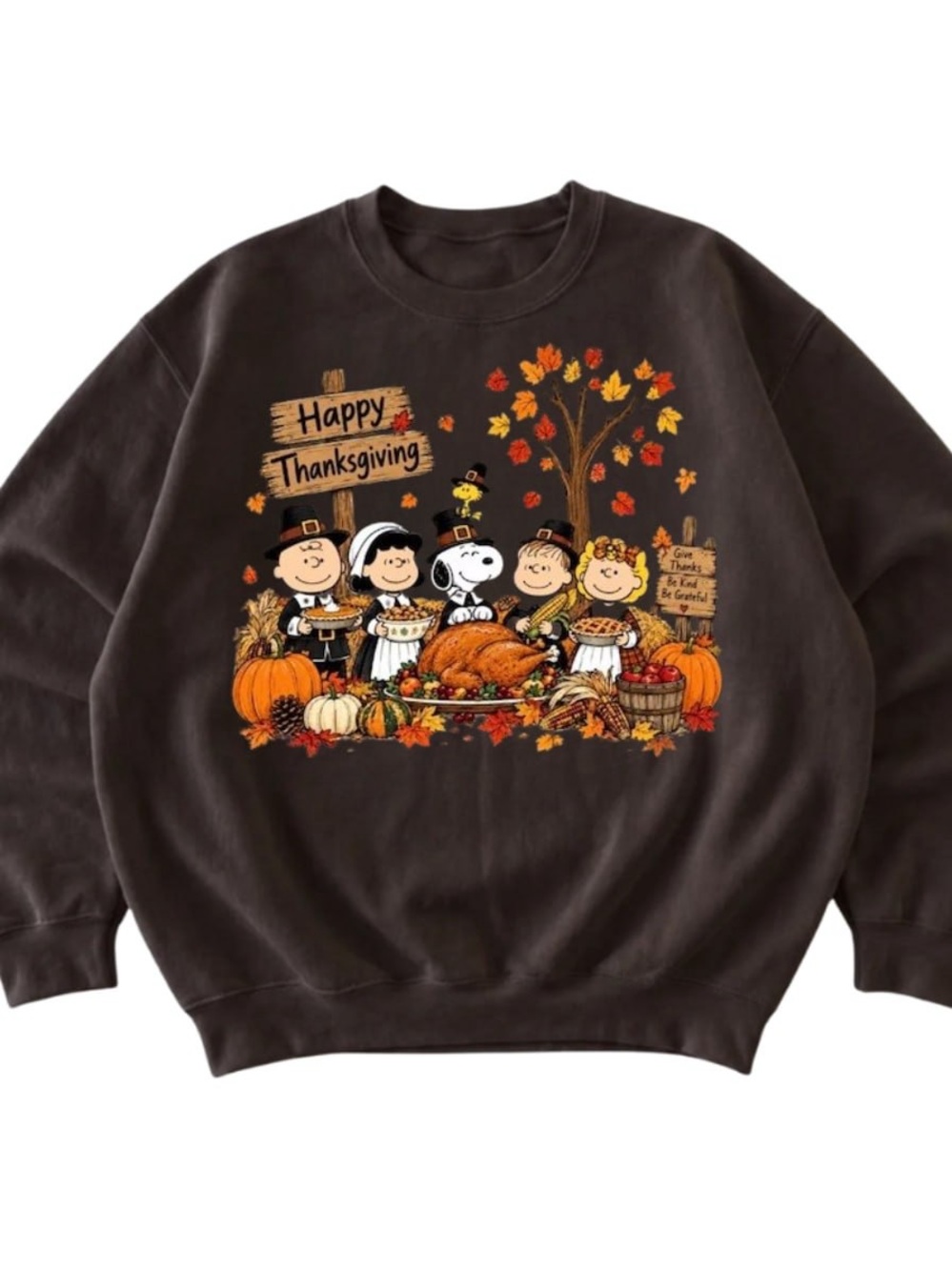 Brown Peanuts Happy Thanksgiving Graphic Crewneck Sweatshirt
